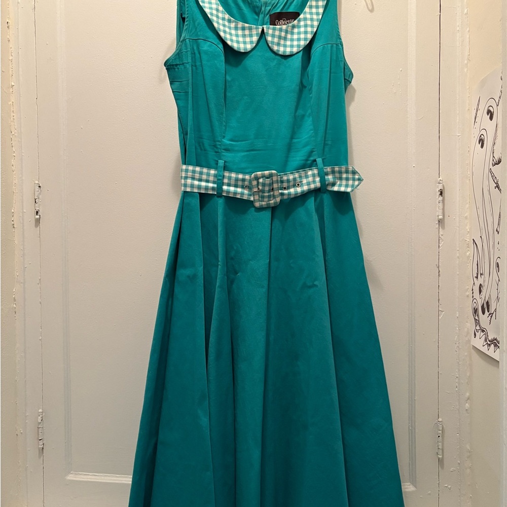 Collectif Teal Dress gingham accents and matching belt in Large